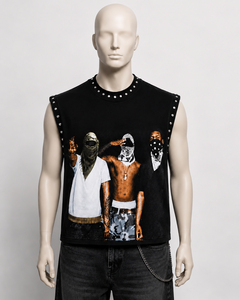 เสื้อกล้ามสไตล์วินเทจ ผ้าคอตตอนเนื้อหนา ตกแต่งหมุด ลายกราฟิกผู้ชาย ทรงดรอปไหล่ แขนกุด สตรีทแวร์ - Product Image 3