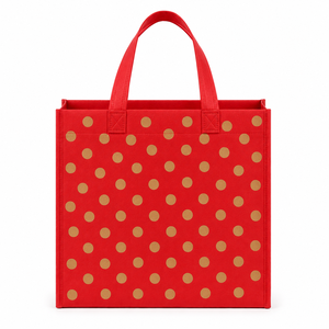 Custom Printed Red Nonwoven Felt Tote <b>Bag</b> with Gold Dots <b>Medium</b> Open Top Hand Length Handle Groceries - Product Image 2