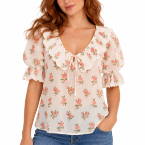 Blusa con estampado floral para mujer, cuello en V, cuello con volantes, manga abullonada, lazo frontal, top informal de verano - Product Image 6