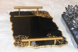 Luxury Black <b>Epoxy</b> Resin Serving Tray With Golden Flakes Handmade Decorative Tray With Metal Handles Storage Tray For Home Decor - Product Image 4