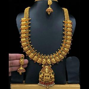 Temple Style Heavy Work Lakshmi <b>Bridal</b> <b>Jewelry</b> <b>Set</b> with Gold Plated Pearl Earrings - Product Image 1