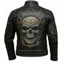 Blouson de moto en cuir véritable noir pour homme avec motif flamme en relief, col montant, fermeture éclair, coupe ajustée, style motard