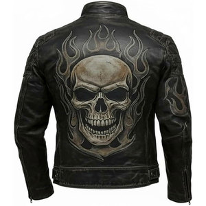 Motorcycle Black <b>Gothic</b> Flame Graphic Punk Rock 100% High Quality Leather <b>Jacket</b> Fire <b>Jackets</b> for Men - Product Image 4