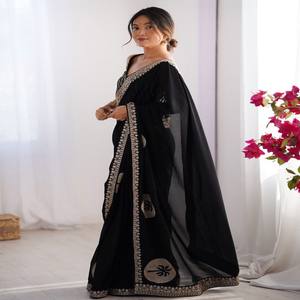 VASTRA COTTAGE Saree Rangoli para Fiesta con Blusa de Seda Artística Bordada, Color Negro, Atuendo Tradicional Étnico para Mujer - Product Image 3