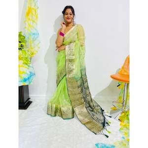 ATRACTIVA ORGANZA SEDA ZARI HILO TRABAJO SAREE CON BLUSA DESCOSTADA LORO VERDE - Product Image 1