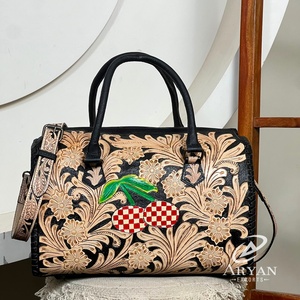 Bolsos de Viaje de Gran Capacidad de Cuero Genuino Turquesa con Diseño Floral a Cuadros y Cerezas, Bolsos de Fin de Semana Rápidos - Product Image 1