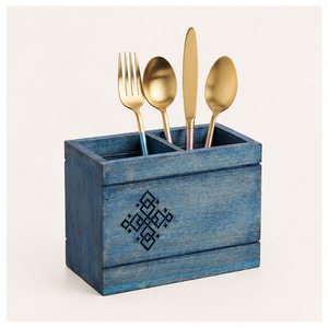 Handcrafted Rustic Blue Wooden Cutlery Holder 2-Compartment Solid Mango Wood Utensil <b>Caddy</b> For Dining Table & <b>Kitchen</b> Countertop - Product Image 6