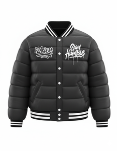 Blouson Bomber d'Hiver pour Homme Noir Matelassé Style Universitaire Fearless Stay Humble avec Boutons Pression, Col et Poignets Côtelés, Style Streetwear - Product Image 1