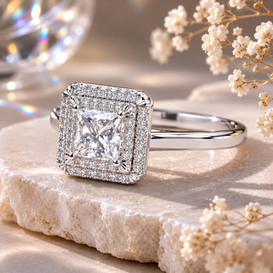 Anillo de compromiso con diamante de corte princesa |   Anillo de Oro de 14K con Halo para Novia, Joyería para Aniversario de Bodas, Set de Regalo en Caja Premium - Product Image 4
