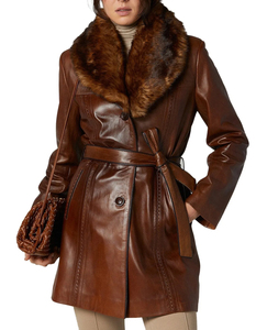 Abrigo Largo de Piel Sintética PU para Mujer, Tallas Grandes, Diseño OEM Personalizado, Chaqueta Sólida de Moda con Cinturón y Cuello de Piel de Oveja Sintética - Product Image 6