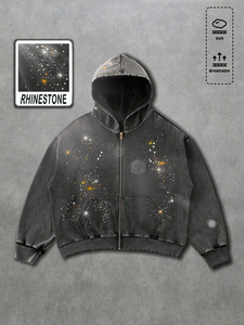 Vintage Wash Zip Up Men Hoodie Cotton Fleece <b>Rhinestone</b> Pattern Hoodies Streetwear Oversized <b>Jacket</b> Bulk Manufacturing - Product Image 2