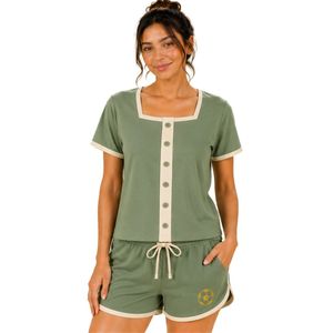 Olive Green And Cream Women Two Piece Shorts Set Square Neck Button <b>Top</b> Football Print Casual Summer Cotton Lounge Wear Outfit - Product Image 1