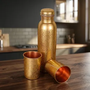 Botella de Agua de Cobre con Dos Tazas, Diseño Tradicional Chino, Tapa de Rosca, Reutilizable, para Viajes, Senderismo, Campamento, Adultos, Metálica - Product Image 5