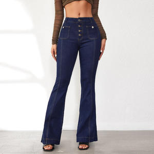 High Waist Flare Denim <b>Jeans</b> Women Dark Blue Full Length Casual Autumn Wear 100% Cotton <b>Button</b> Front Style - Product Image 2