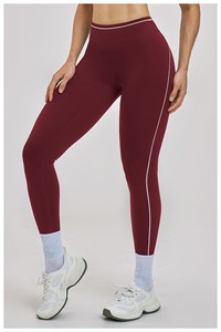 Women High Waist Elastic Waist Full Length <b>Leggings</b> Solid Burgundy Side <b>Stripe</b> Seamless Four-Way Stretch Spandex/Nylon Yoga - Product Image 2
