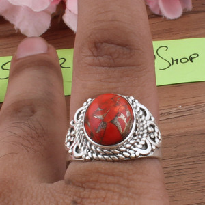 Natural Orange Copper Turquoise Wedding <b>Statement</b> <b>Ring</b> 925 Sterling Silver Spiny Band <b>for</b> <b>Women</b> Southwestern Boho Jewelry - Product Image 1