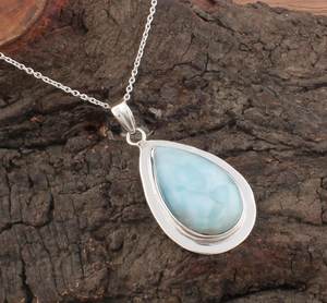 Natural Larimar Pear Pendant Handmade Sterling <b>Silver</b> Gemstone Necklace Boho Jewelry Ocean Blue Stone Gift For Women - Product Image 1