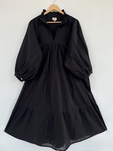 Robe longue noire en coton pour femme, style vintage, col à volants, manches longues, coupe évasée, décontractée, ample, style bohème, lavable - Product Image 1