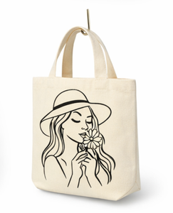 Canvas Tote <b>Bag</b> With Woman In <b>Hat</b> And Flower Design Medium Size Casual Style Daily Use Hand Carry Handle - Product Image 3
