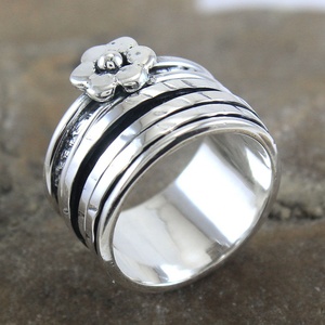 925 Sterling Silver Flower <b>Spinner</b> <b>Ring</b> for Women Wide Multi-Band Meditation Fidget <b>Ring</b> Handmade Floral Statement Jewelry - Product Image 1