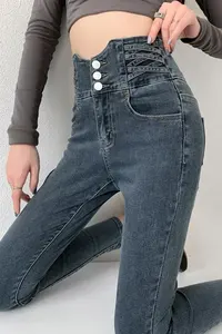Jeans Ajustados Estilo Y2K con Cuatro Botones, Cintura Alta Vintage, Pantalones de Mezclilla Elásticos para Mujer, Pantalones Ajustados 2025 - Product Image 4