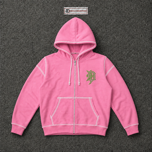 Sudadera con capucha rosa gótica con cremallera, costuras en contraste blancas, estilo oversize, streetwear, logo verde bordado, unisex, ropa de moda punk personalizada - Product Image 5