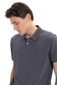 Men's Short Sleeve Cotton <b>Polo</b> <b>Shirt</b> Solid Color <b>Pocket</b> Design Casual Wear Breathable Woven Fabric Regular Fit - Product Image 3