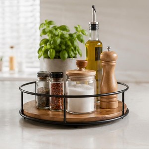 Plateau rotatif en bois rond avec structure métallique pour le rangement et l'organisation de la cuisine, design minimaliste, base en bois massif - Product Image 2