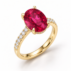 Red Oval Gemstone Hidden Halo <b>Statement</b> <b>Ring</b> Luxury 14K Yellow Gold Rhodium Plated IGI Certified Lab Grown Diamond Pave <b>Ring</b> - Product Image 1