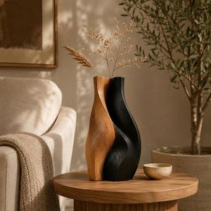 Vase de table en bois fait main, design Art Déco, finition bois noir et naturel, décoration moderne pour la maison, idéal pour les mariages et les fêtes de pendaison de crémaillère - Product Image 2