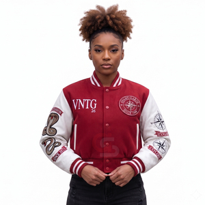 Chaqueta Varsity Corta Personalizada al por Mayor para Mujer, de Cuero Genuino y Lana, con Bordado, Estilo Universitario, Moda Urbana - Product Image 4