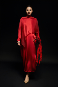 Women's Silk Organza Midi <b>Dress</b> - Crew Neck, Side Slit, <b>Loose</b> Waist, Minimalist Summer Daily Wear (OEM) - Product Image 2