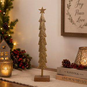 Elegant Gold Christmas <b>Tree</b> Tabletop Decor with <b>Star</b> Wooden Base Festive Holiday Home Decoration - Product Image 3
