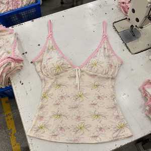Wholesale Women's Trendy Thrifted <b>Camisole</b> Tank Top Breathable 100% Cotton Lace Trim Printed Sleeveless Fitted Summer Casual Y2K - Product Image 6