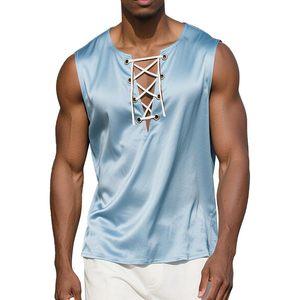 Wholesale Custom Men's Satin Lace Up V-Neck Sleeveless Tank Tops Casual Summer Beach Festival Clothing Bulk Tank Tops For Men - Product Image 2