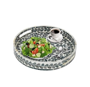 Designer Mother of pearl <b>tray</b> Handcrafted charcoal branch pattern <b>round</b> <b>serving</b> <b>tray</b> featuring convenient cutout handles home - Product Image 2