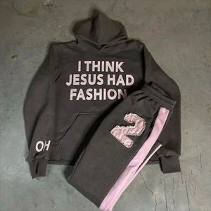 Conjuntos de Sudadera con Capucha de Algodón y Felpa de Corte Holgado y Pantalones Deportivos Acampanados del Fabricante, con Apliques Personalizados y Parches Bordados con Efecto Desgastado - Product Image 5