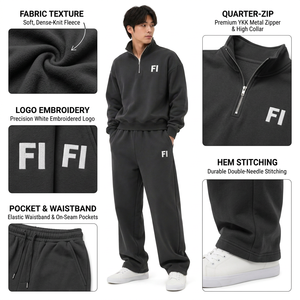 <b>Men's</b> Black Quarter-Zip 100% Cotton Breathable Sweatshirt Track Pant Set Relaxed Fit Winter Streetwear Casual Sportswear Custom - Product Image 5