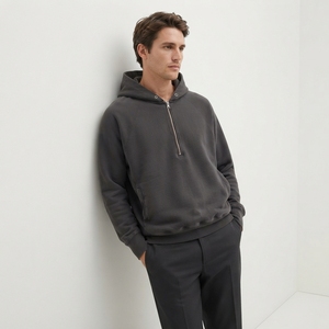 Sweat à capuche personnalisé uni à demi-zip en molleton de coton épais 350 g/m², coupe ample à épaules tombantes, style streetwear décontracté d'hiver, coupe-vent - Product Image 1