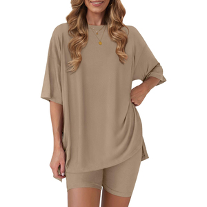 Conjunto de 2 Piezas de Punto Azul para Mujer, Top Holgado con Cuello Redondo y Pantalones Cortos, Transpirable, Informal, para Primavera y Verano - Product Image 6