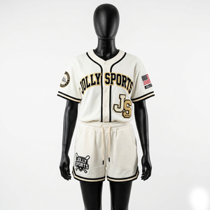 Women Baseball Jersey and Shorts <b>Set</b> 180 GSM Cotton <b>Linen</b> Blend Beige Green Vintage Print Custom Screen Logo Women's <b>Set</b> - Product Image 4