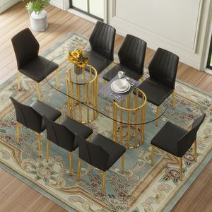 Set di Tavolo da Pranzo Ovale in Vetro Temperato da 71 Pollici e 8 Sedie in PU Nero con Colonna Doppia Dorata, Arredamento per Sala da Pranzo di Lusso - Product Image 3