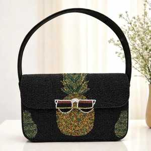 Handmade Canvas Handbag With Embroidered Pineapple And <b>Sunglasses</b> Design Rectangular Shape - Product Image 3