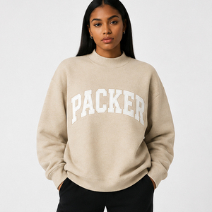 เสื้อสเวตเชิ้ตคอกลมสีเบจสำหรับผู้หญิง พิมพ์ลายตัวอักษร Packer ผ้าฝ้ายถักทรงโอเวอร์ไซส์ สไตล์วาร์ซิตี้แบบพรีปปี้สำหรับฤดูหนาว คอเต่า - Product Image 6