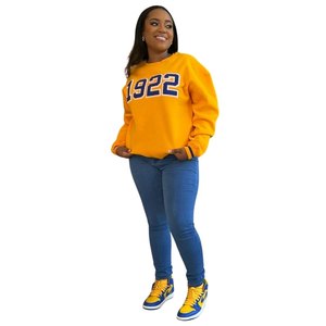Sweat-shirt universitaire doré 1922 unisexe, style sororité grecque, col rond, détails bleus, streetwear décontracté, style premium - Product Image 1