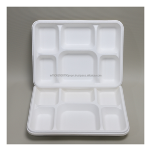 Assiette carrée biodégradable en bagasse blanche 350 ml à 4/5/6 compartiments pour l'emballage primaire des repas, idéale pour les hôtels et l'usage domestique - Product Image 1