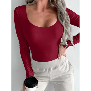Último modelo de mono elástico ajustado de manga larga para mujer, color rojo intenso, con cuello redondo y sin costuras, cuello cuadrado, cómodo, OEM ODM - Product Image 4