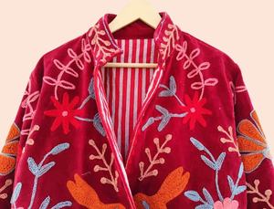 <b>Women's</b> Red <b>Velvet</b> Embroidered <b>Jacket</b> with Mandarin Collar and Rabbit Floral Pattern Rabbit Pattern <b>Jacket</b> <b>Women</b> Floral Embroid - Product Image 4