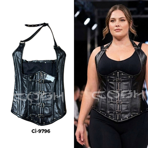 Premium Quality Underbust Steelboned Black Leather Neck Halter <b>Corset</b> With Front Buckles And Zipper Closure - Product Image 5