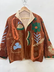 Handmade Bohemian Velvet Winter <b>Quilted</b> <b>Jacket</b> with Hand Embroidery Floral <b>Pattern</b> Lightweight Cotton Shell Open Stitch Closure - Product Image 2